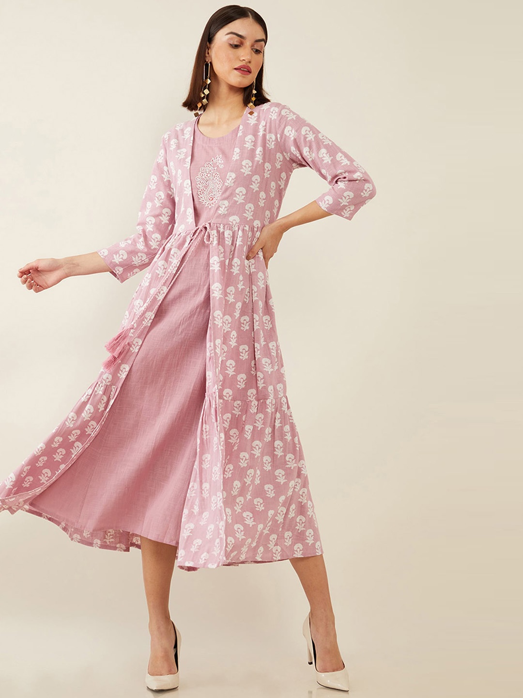 

Soch Peach-Coloured & White Ethnic Motifs Layered Ethnic A-Line Midi Dress