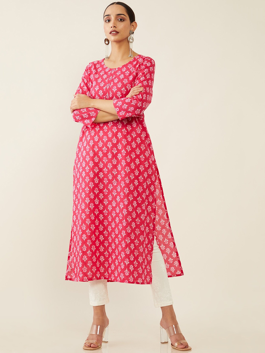 

Soch Women Pink & White Ethnic Motifs Printed Kurta