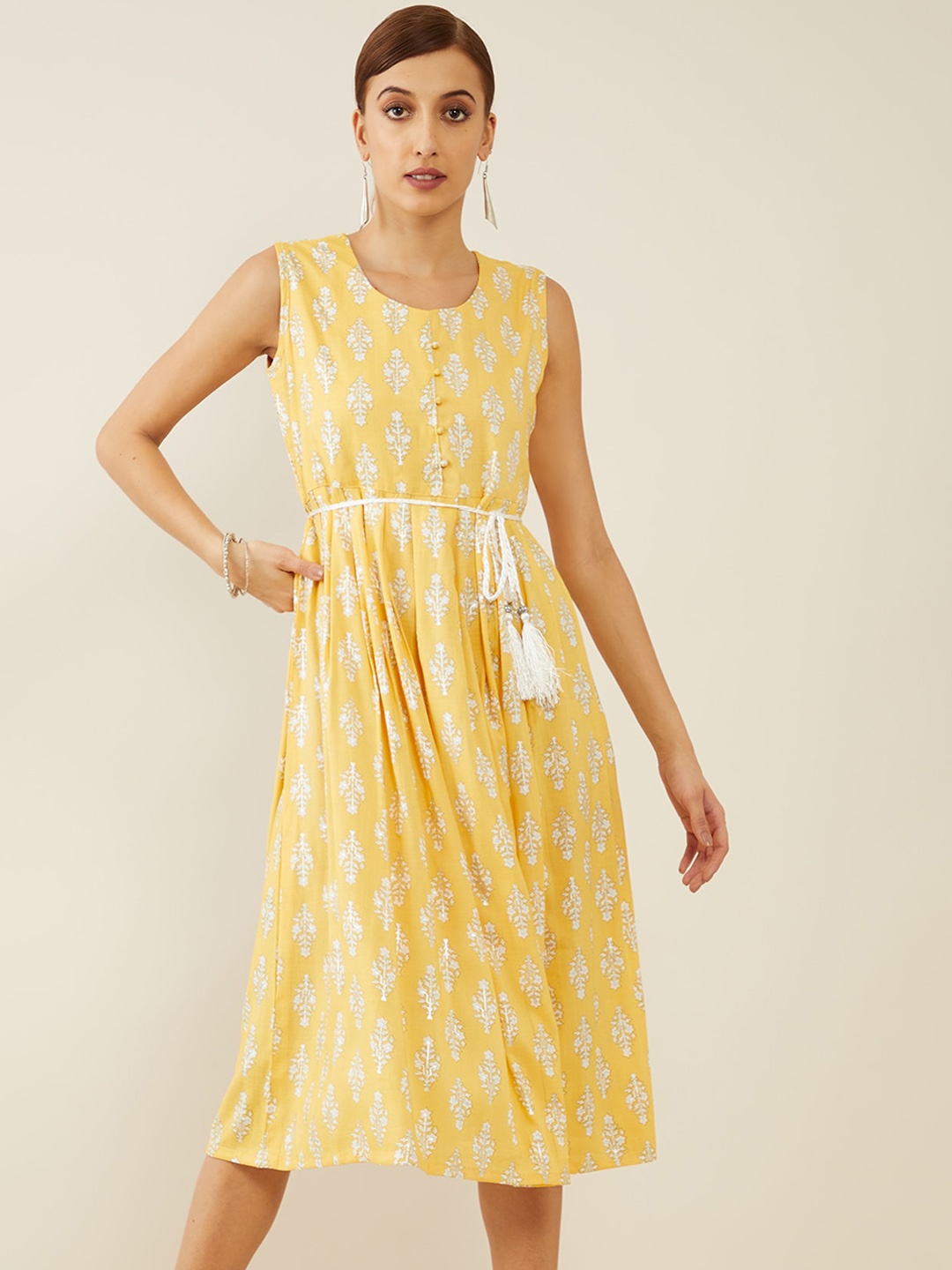 

Soch Yellow & White Ethnic Motifs Crepe Ethnic A-Line Dress