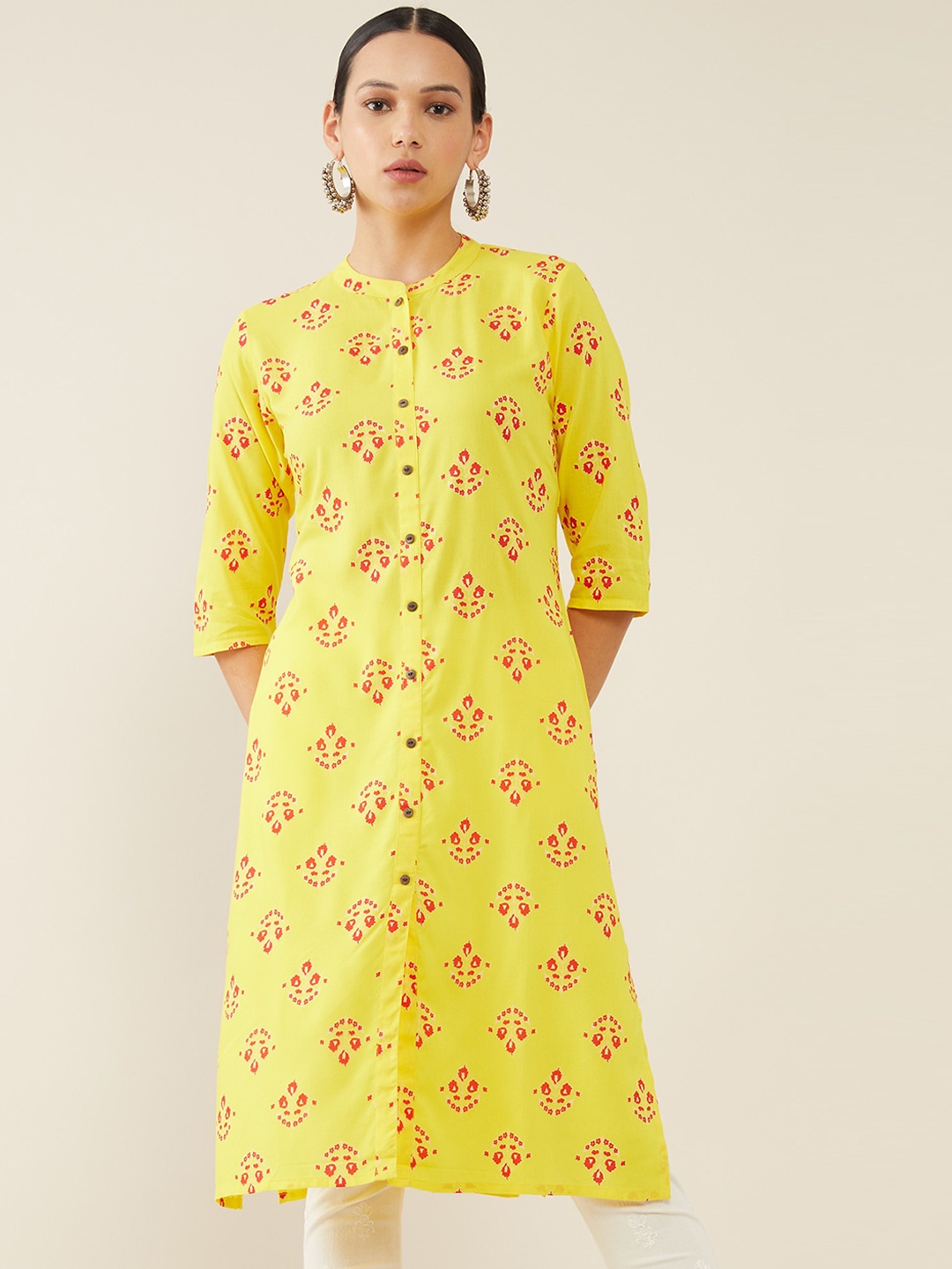 

Soch Women Mustard Yellow & Red Geometric Kurta