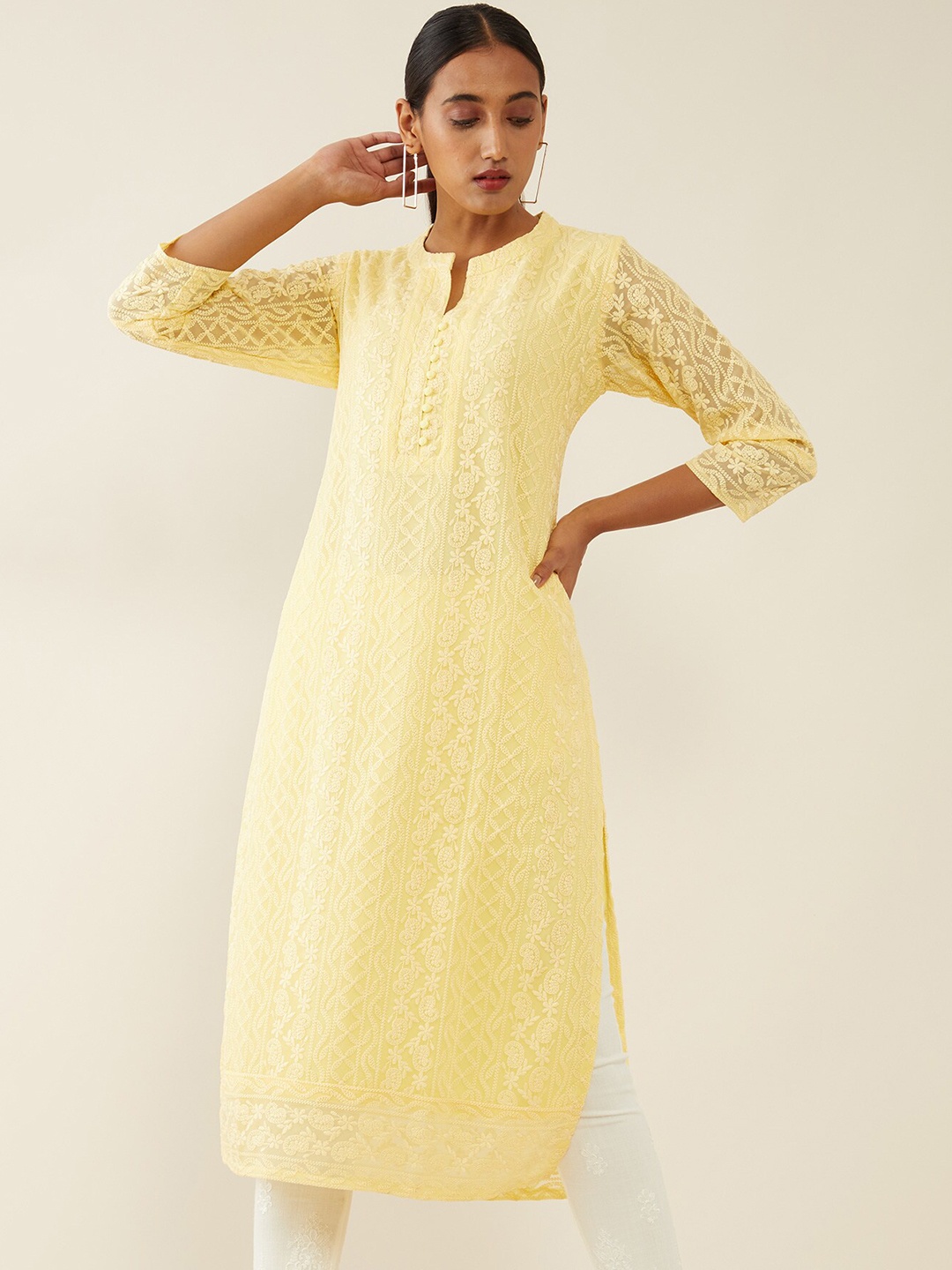 

Soch Women Yellow Ethnic Motifs Embroidered Thread Work Georgette Kurta