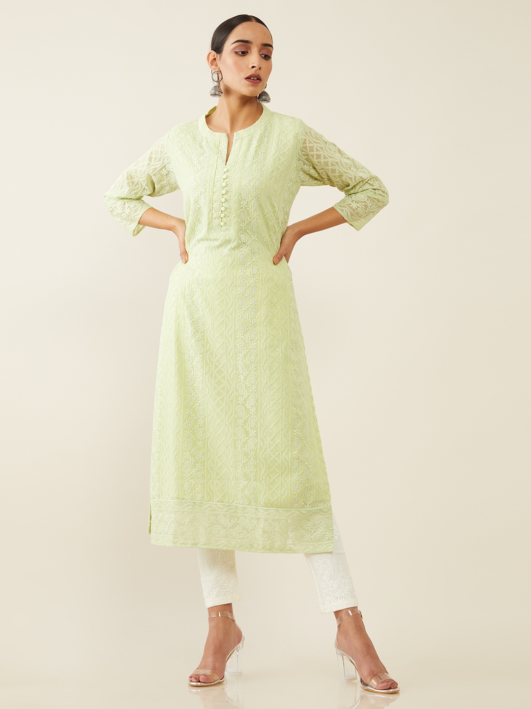 

Soch Women Green Ethnic Motifs Embroidered Georgette Kurta