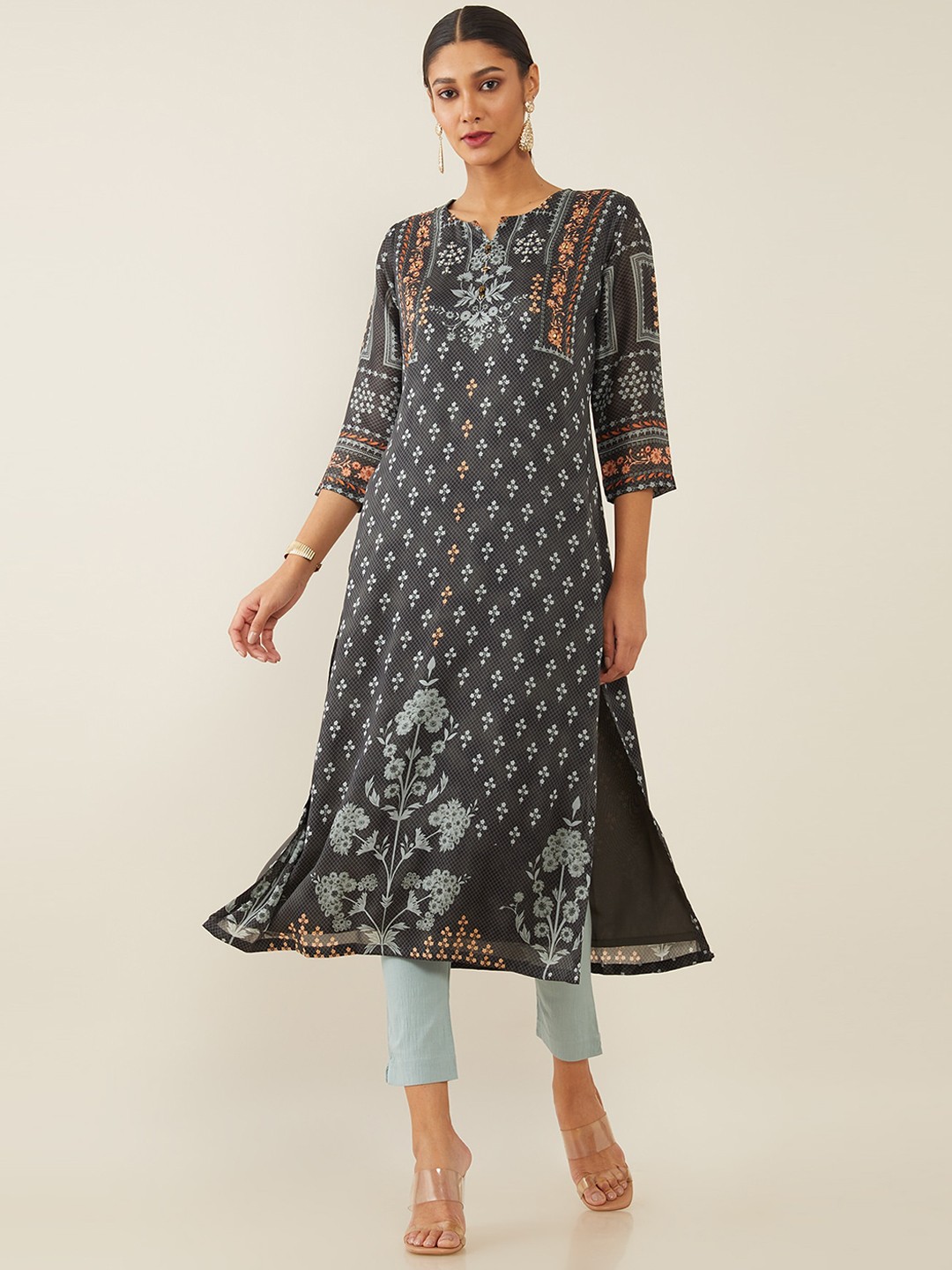 

Soch Women Black & Grey Ethnic Motifs Digital Printed Georgette A-line Kurta