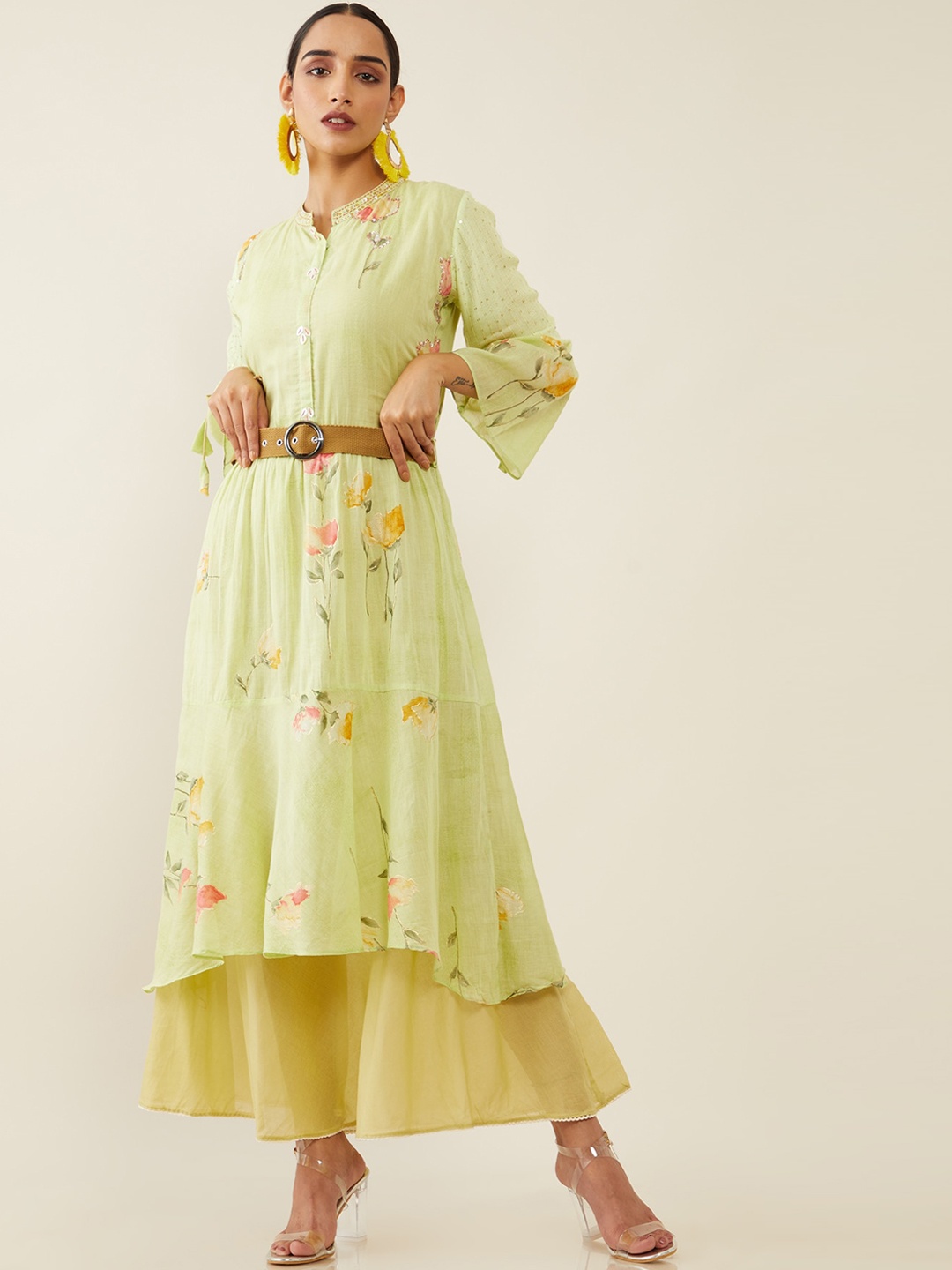 

Soch Women Green Floral Printed Bell Sleeves Pure Cotton Anarkali Kurta