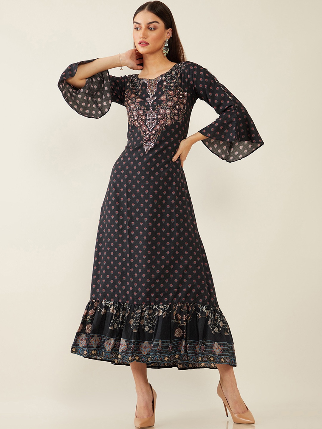 

Soch Black & Red Ethnic Motifs Digital Printed Ethnic Maxi Dress