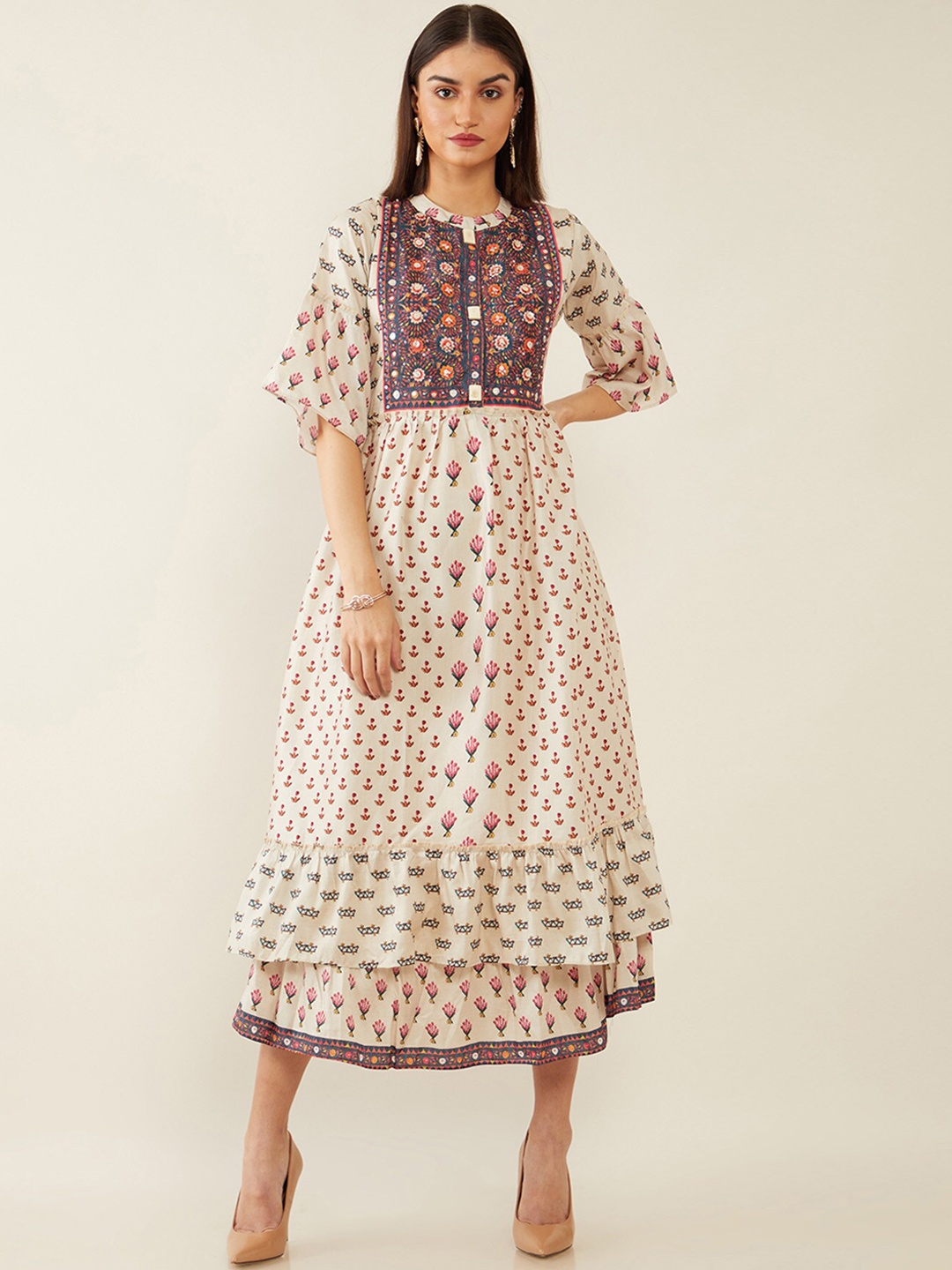 

Soch Cream-Coloured & Pink Ethnic Motifs Digital Printed A-Line Midi Dress