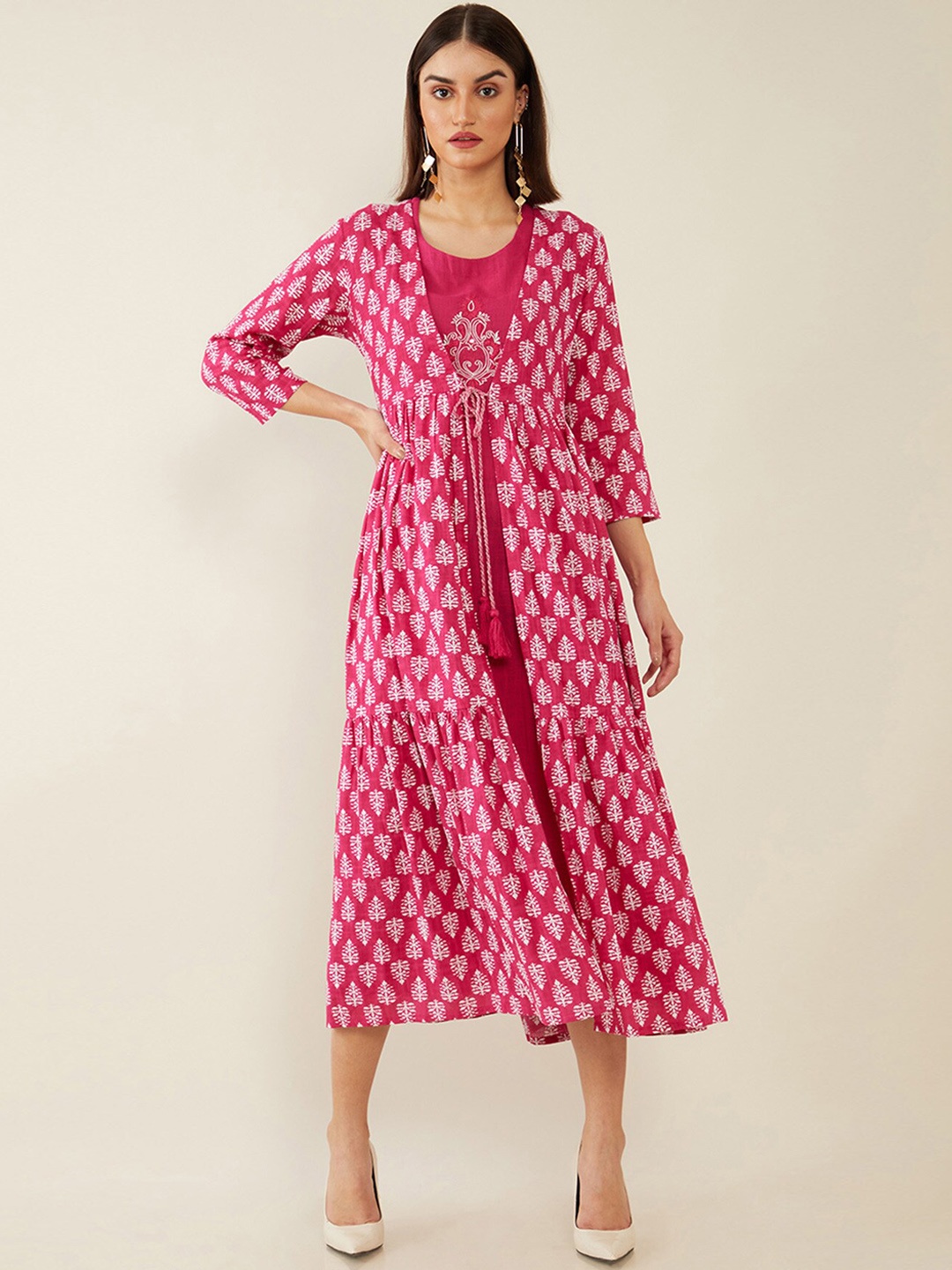 

Soch Pink & White Ethnic Motifs Block Printed Cotton Layered Ethnic A-Line Midi Dress
