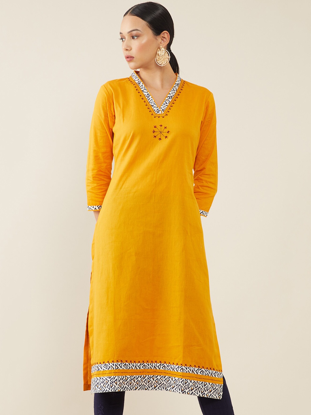 

Soch Women Mustard Yellow Thread Work Straight Kurta