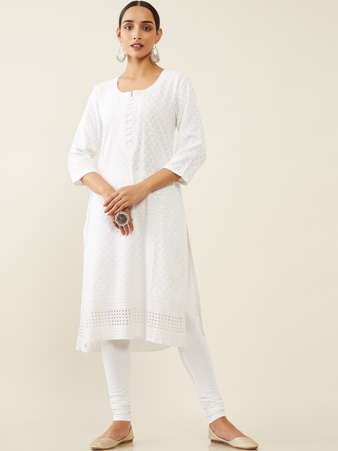 

Soch Women White Geometric Embroidered A-line Kurta