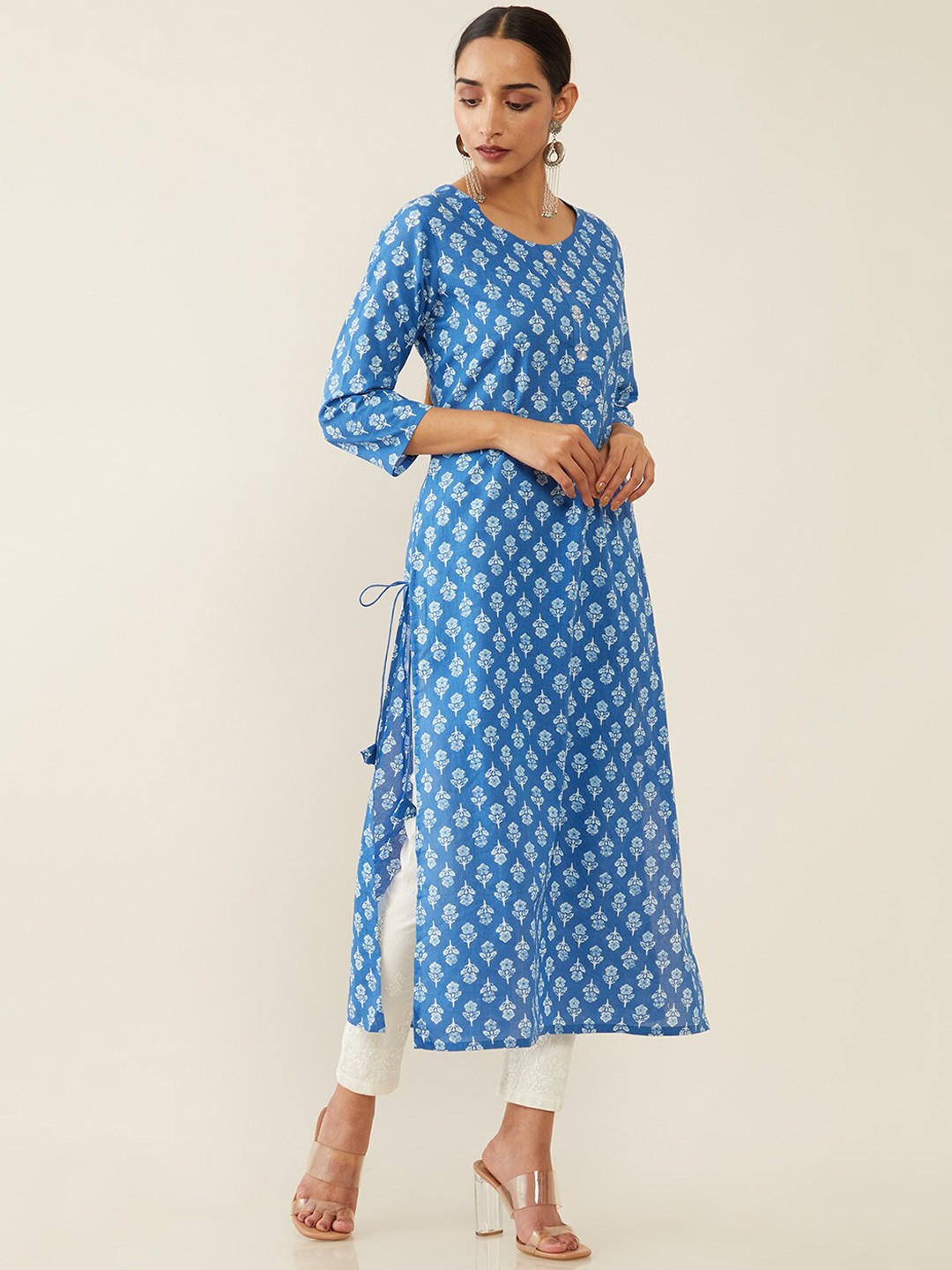 

Soch Women Blue & White Ethnic Motifs Block Printed Cotton A-line Kurta