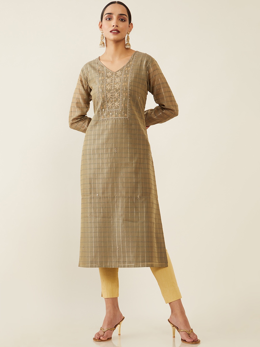 

Soch Women Green & Gold-Coloured Yoke Embroidered Checked Chanderi Silk A-line Kurta