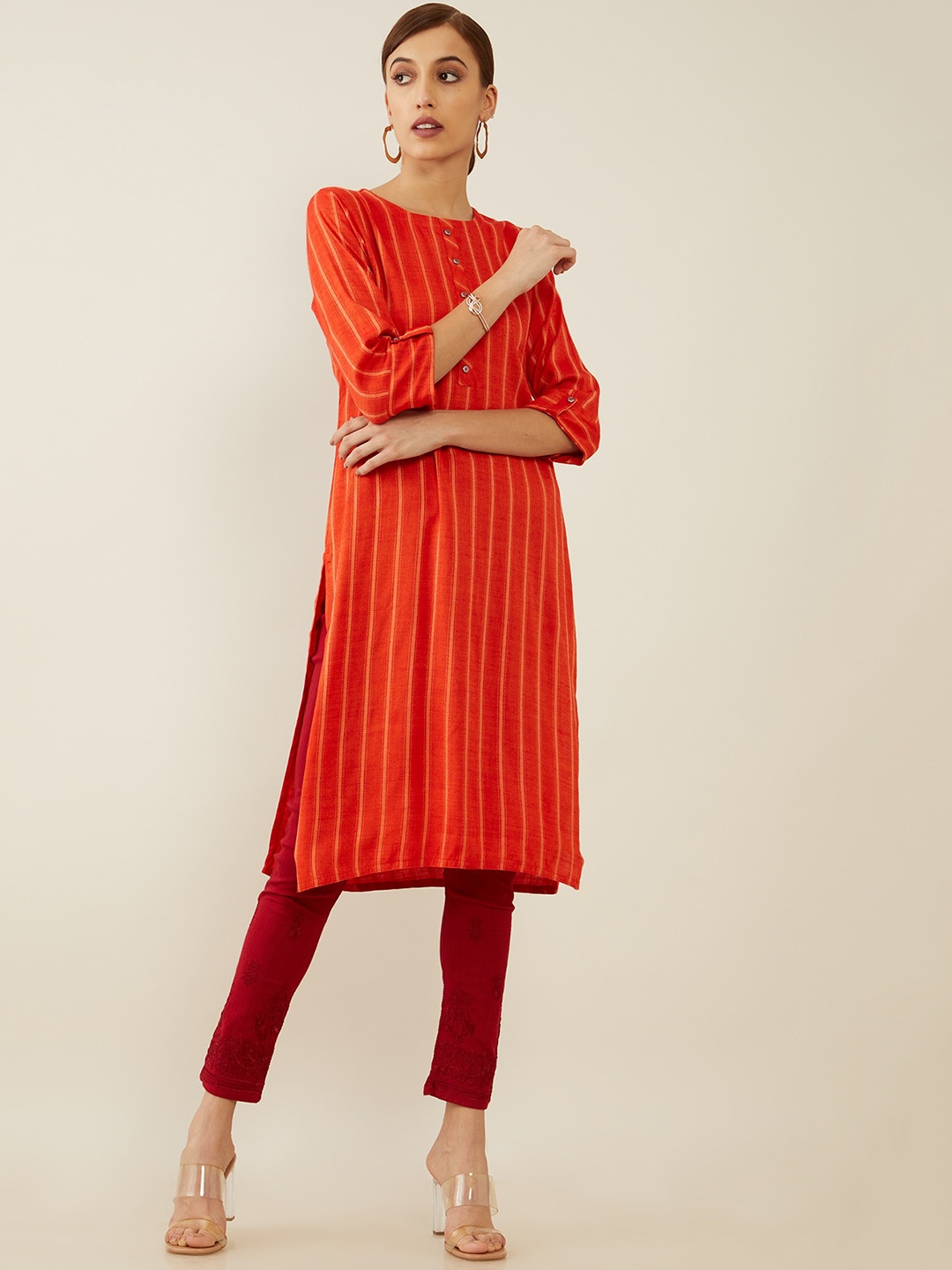 

Soch Women Orange Striped Straight Kurta