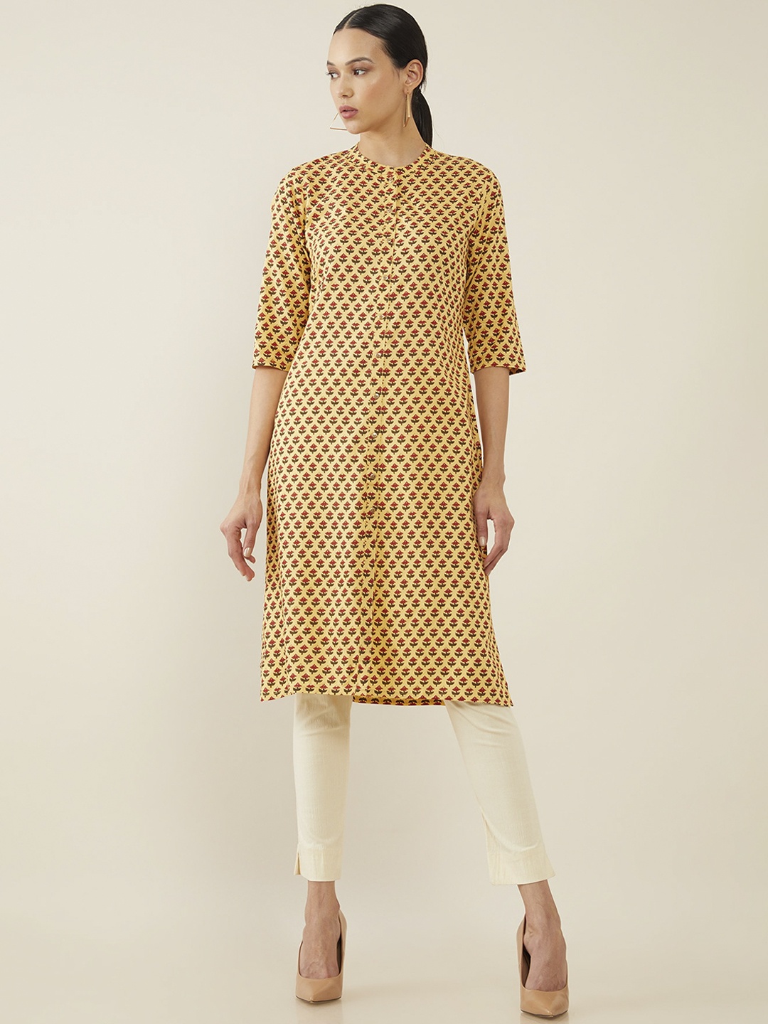 

Soch Women Mustard Yellow & Red Ethnic Motifs Block Printed Kurta