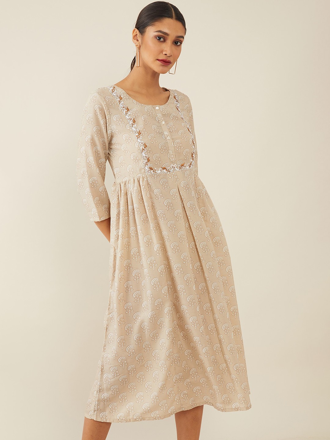 

Soch Beige & White Ethnic Motifs Digital Printed Ethnic A-Line Dress
