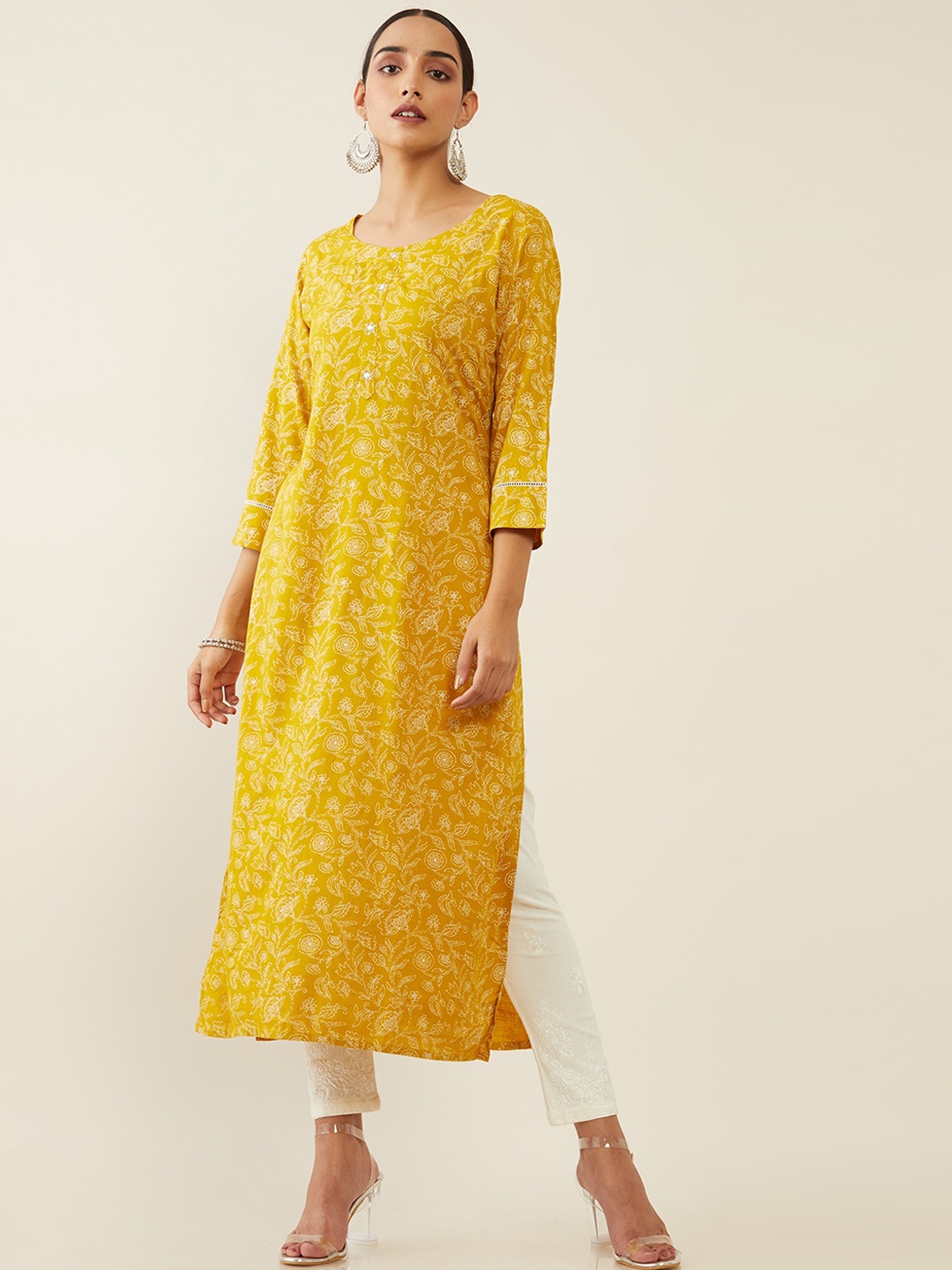 

Soch Women Mustard Yellow & White Floral Block Printed Cotton Straight Kurta