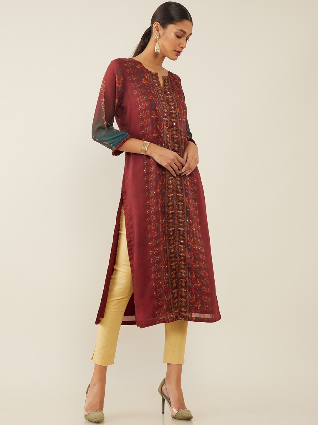 

Soch Women Maroon & Green Ethnic Motifs Digital Printed Georgette Kurta