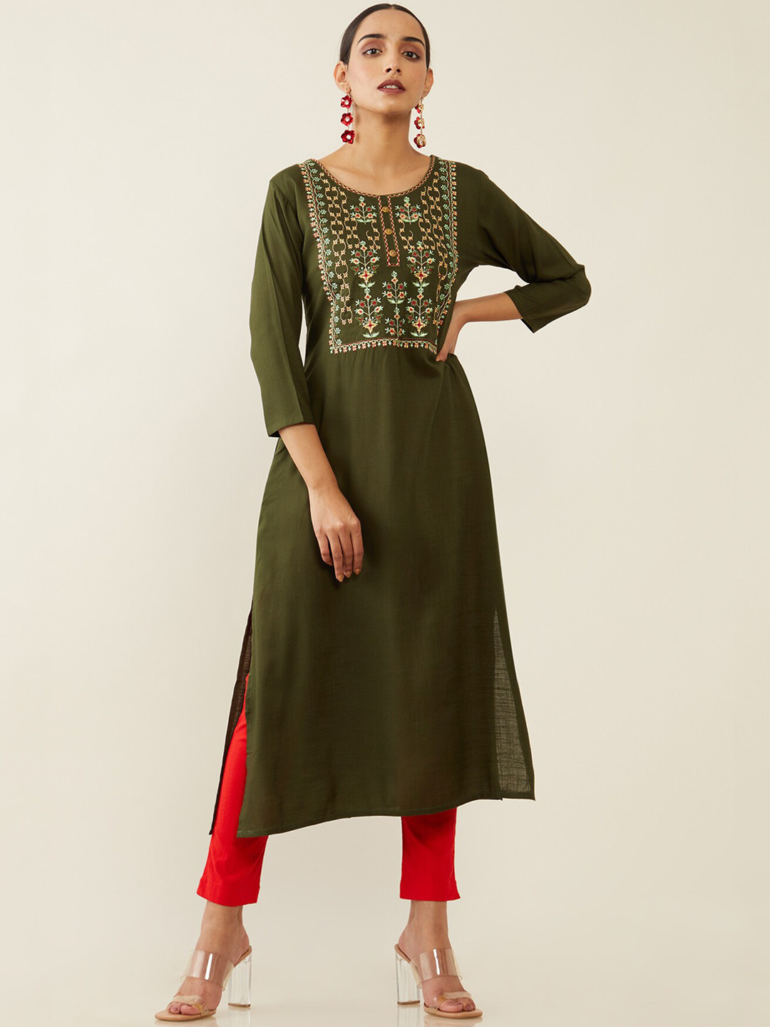 

Soch Women Olive Green Yoke Embroidered Kurta