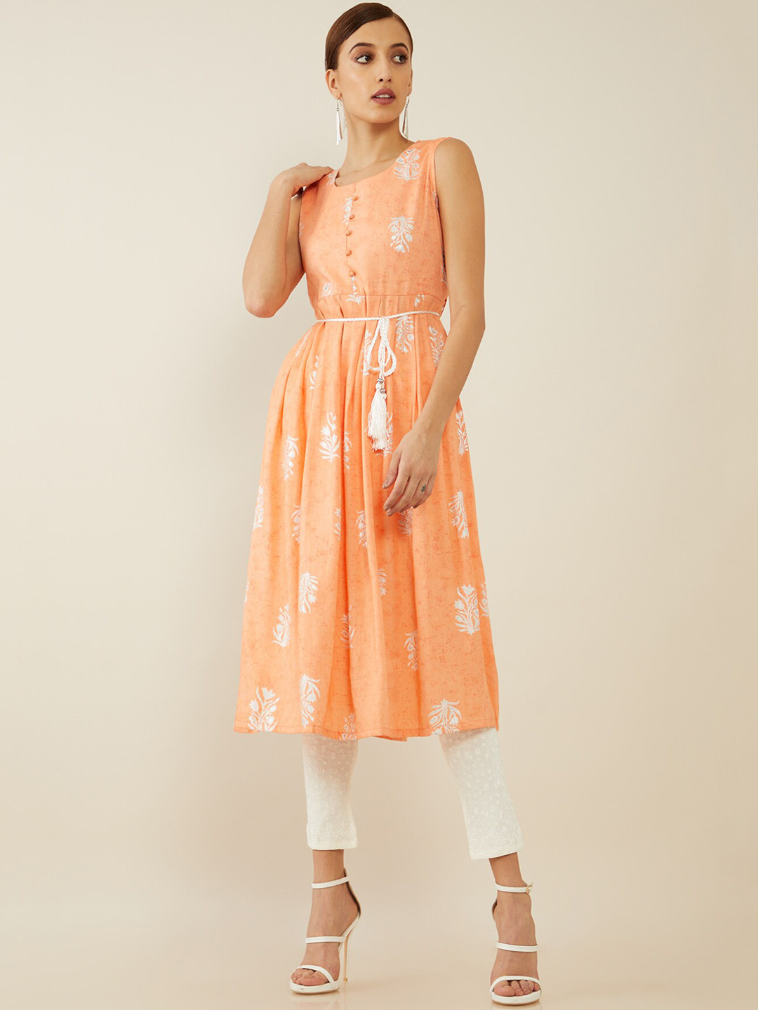 

Soch Women Orange & White Ethnic Motifs Screen Printed A-line Kurta