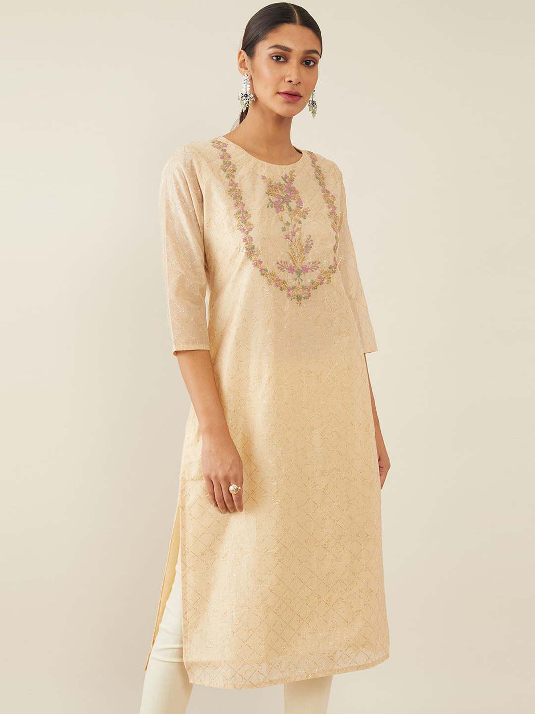 

Soch Women Beige Yoke Embroidered Chanderi Silk A-line Kurta