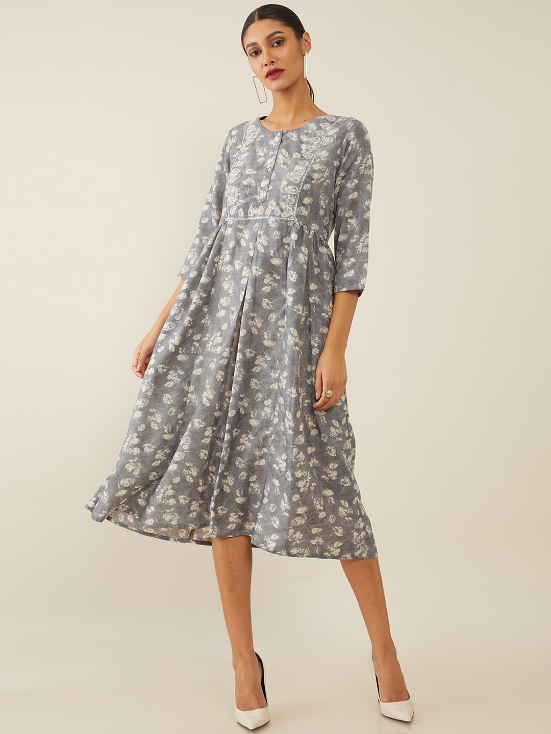 

Soch Grey & Beige Abstract Digital Printed Ethnic A-Line Midi Dress