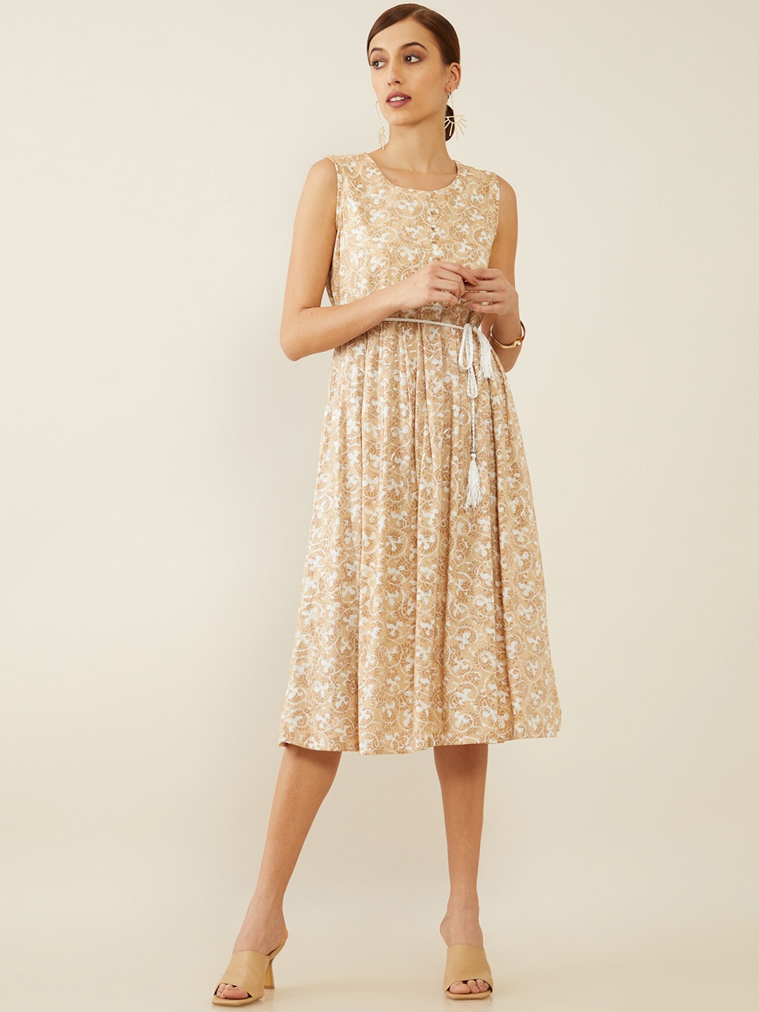 

Soch Beige & White Floral Screen Printed Ethnic A-Line Midi Dress
