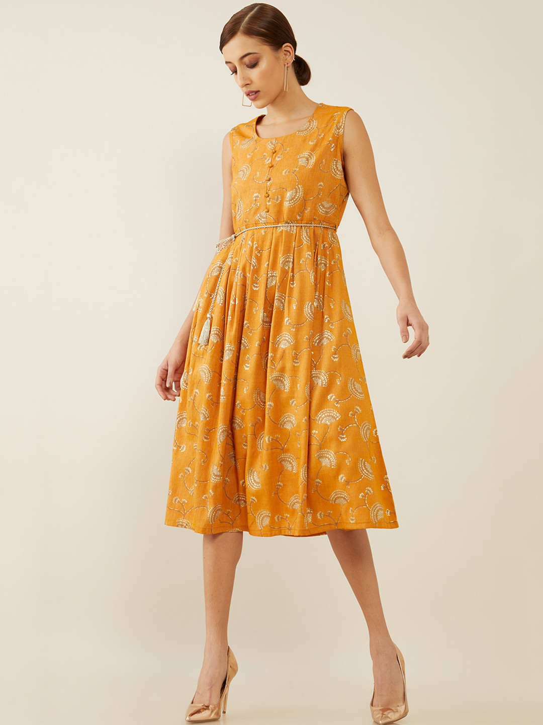 

Soch Mustard Yellow & Gold-Coloured Ethnic Motifs Screen Print Ethnic A-Line Midi Dress