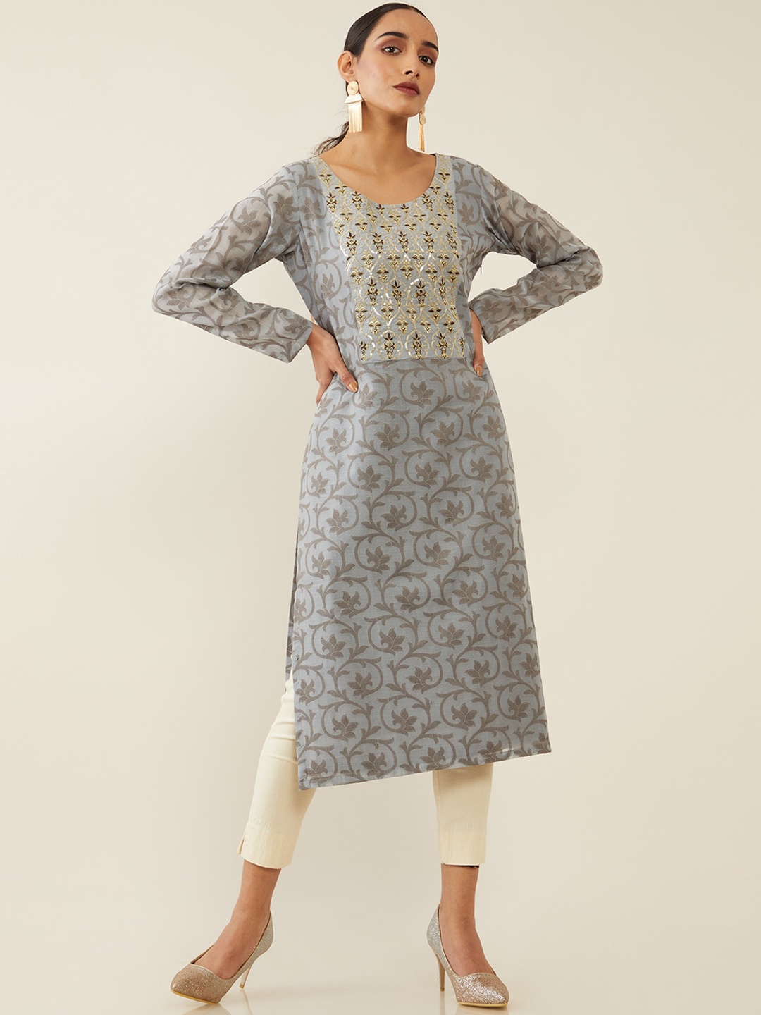 

Soch Women Grey Printed Thread Work Chanderi Silk Kurta