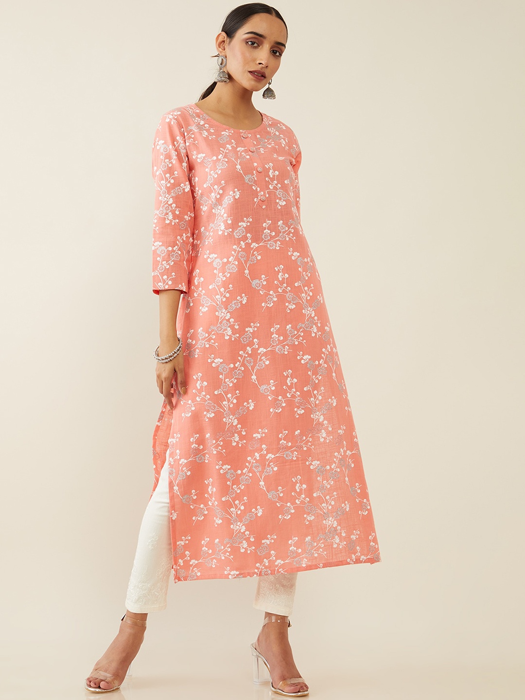 

Soch Women Pink & White Floral Block Printed Cotton Kurta