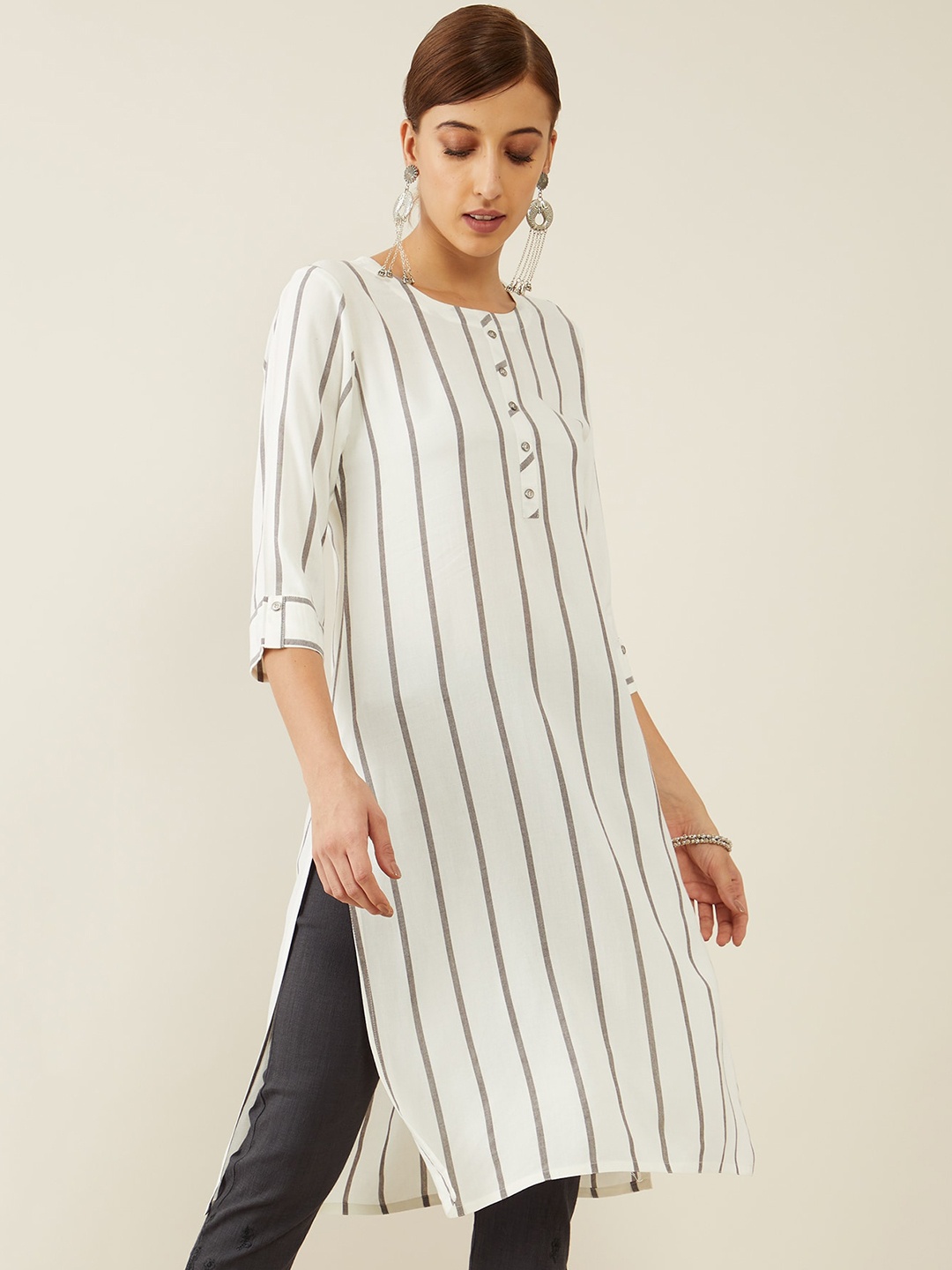 

Soch Women White & Grey Striped Straight Kurta