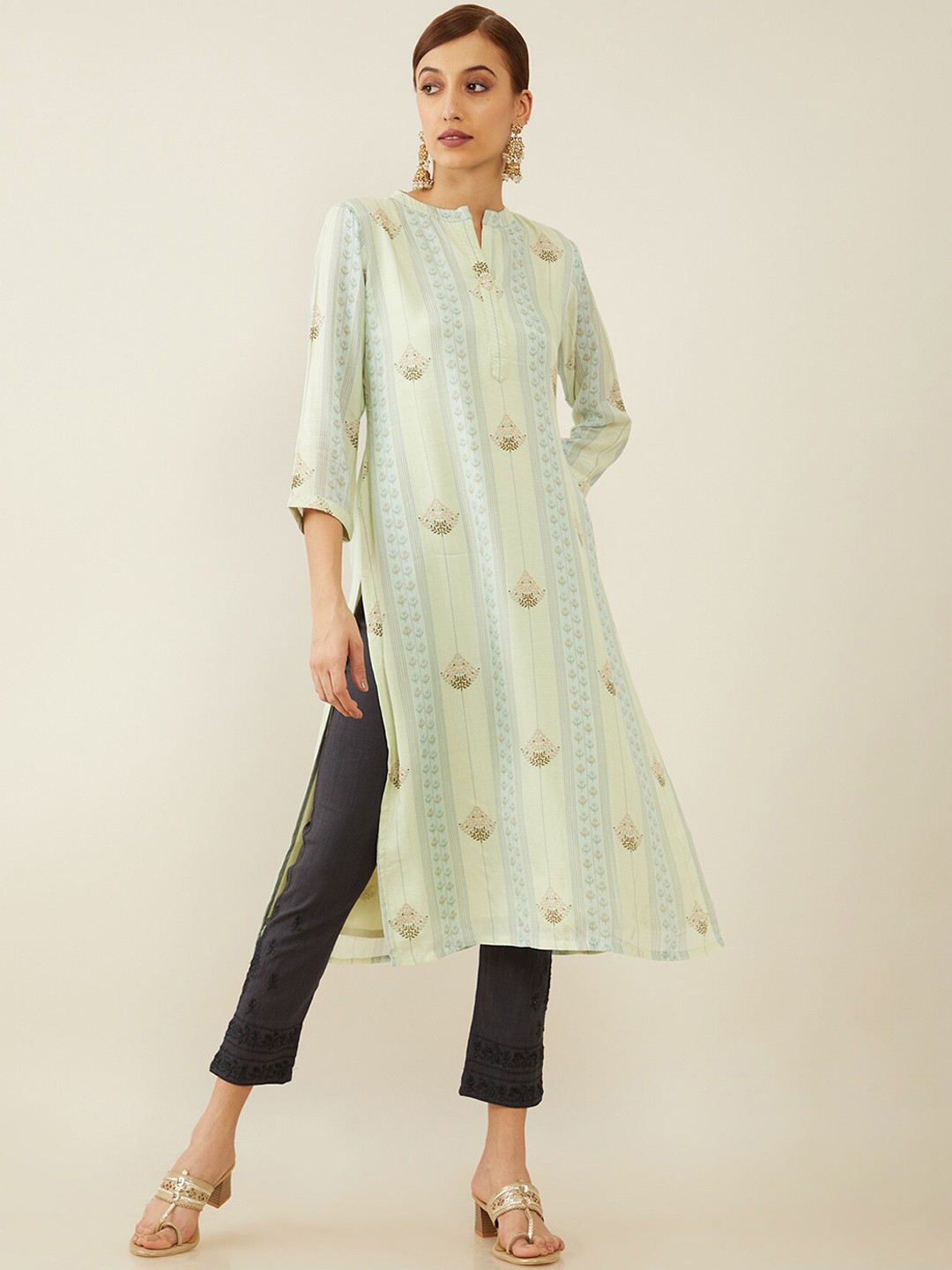 

Soch Women Beige & Blue Ethnic Motifs Digital Printed Kurta
