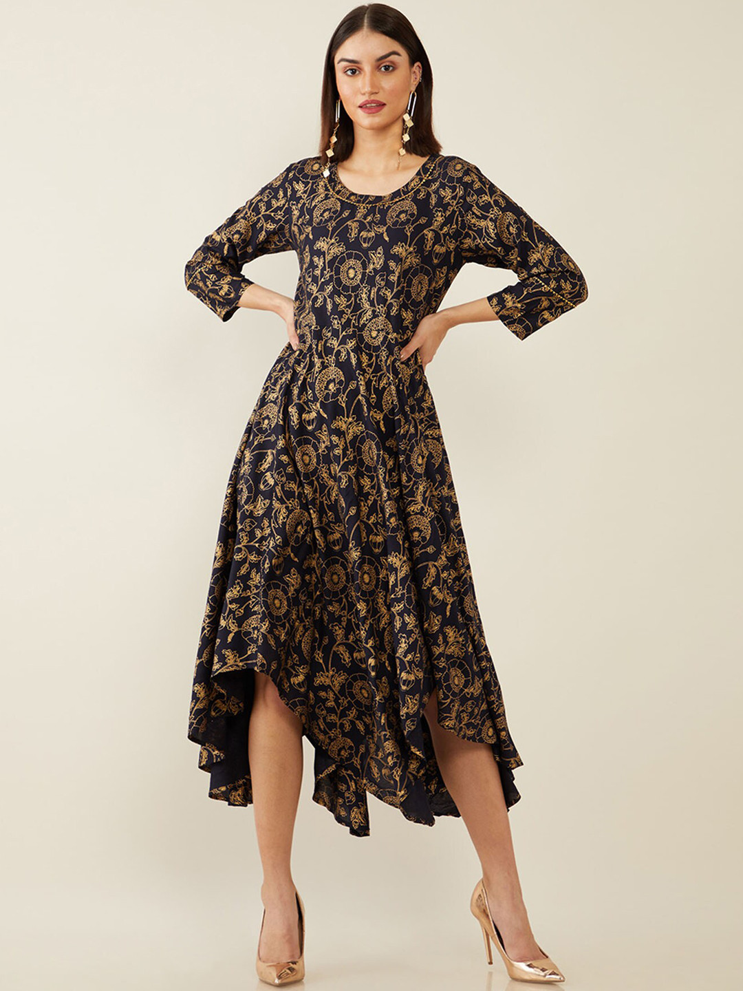 

Soch Navy Blue & Gold-Coloured Floral Printed Asymmetric Ethnic A-Line Midi Dress