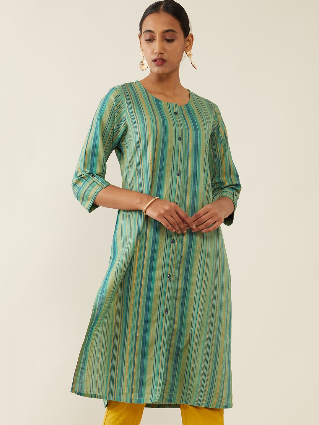 

Soch Women Green & Yellow Striped Cotton A-line Kurta
