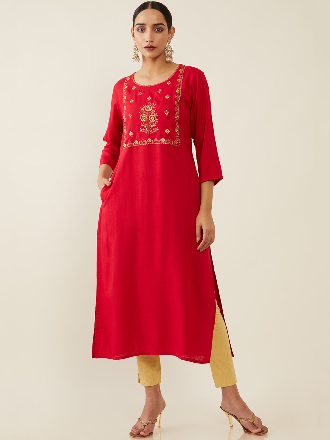 

Soch Women Maroon Yoke Embroidered Straight Kurta