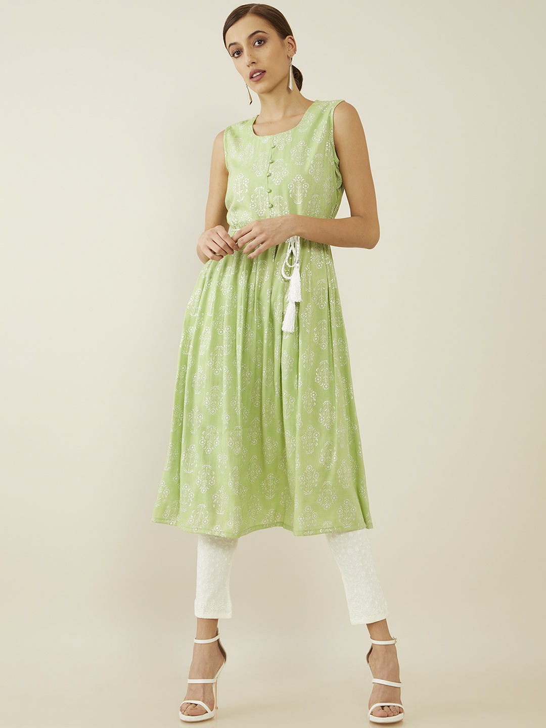 

Soch Women Green & White Ethnic Motifs Screen Printed A-line Kurta
