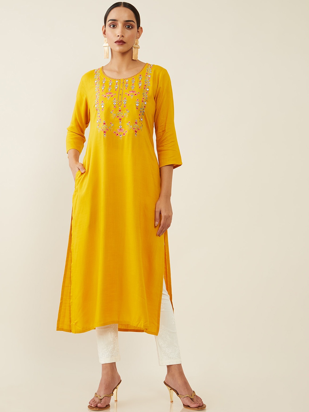 

Soch Women Mustard Yellow Yoke Embroidered Kurta