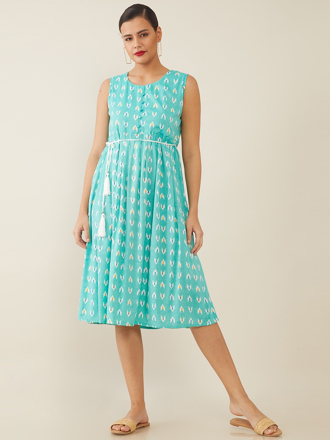 

Soch Blue & White Ethnic Motifs Screen Printed Crepe Ethnic A-Line Midi Dress