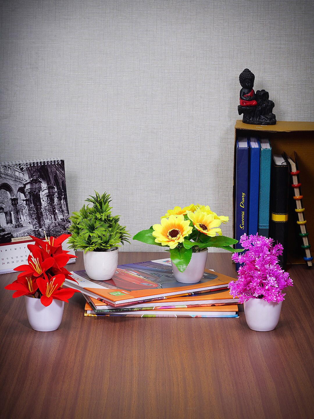 

Dekorly Set Of 4 Red & Yellow Artificial Flower With Pot, Green