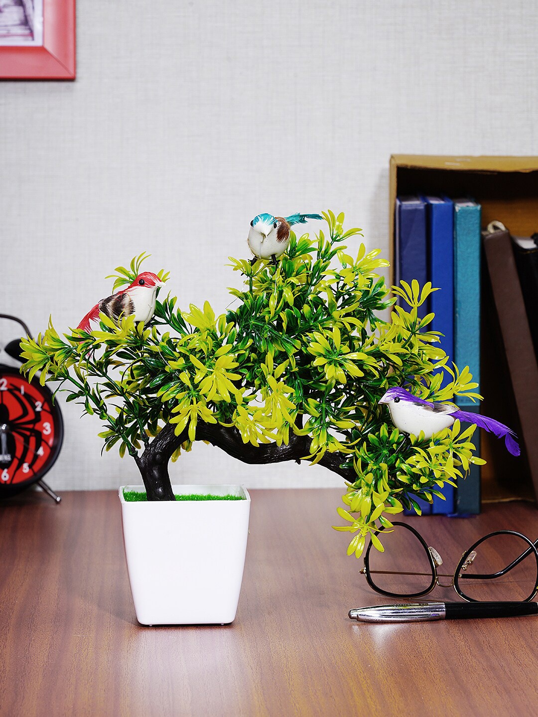 

Dekorly Green & White Decorative Bonsai Plant With 3 Birds & Pot
