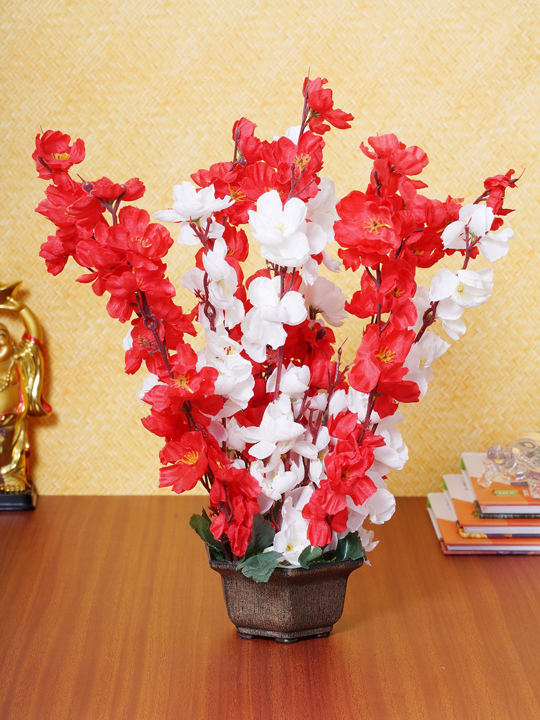 

Dekorly Red & White Cherry Blossoms Decorative Bonsai Flower Bunch With Pot