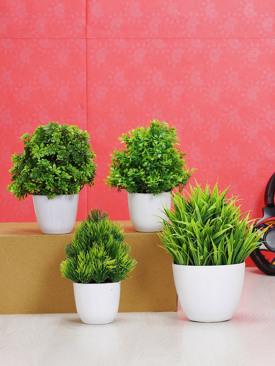 

Dekorly Set Of 4 Green & White Decorative Bonsai Plants With Pots