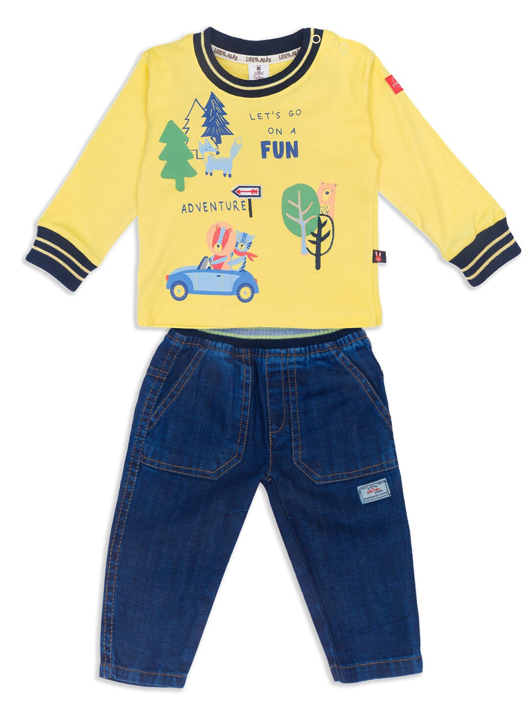 

Little Folks Kids Yellow & Blue Printed T-shirt & Trousers