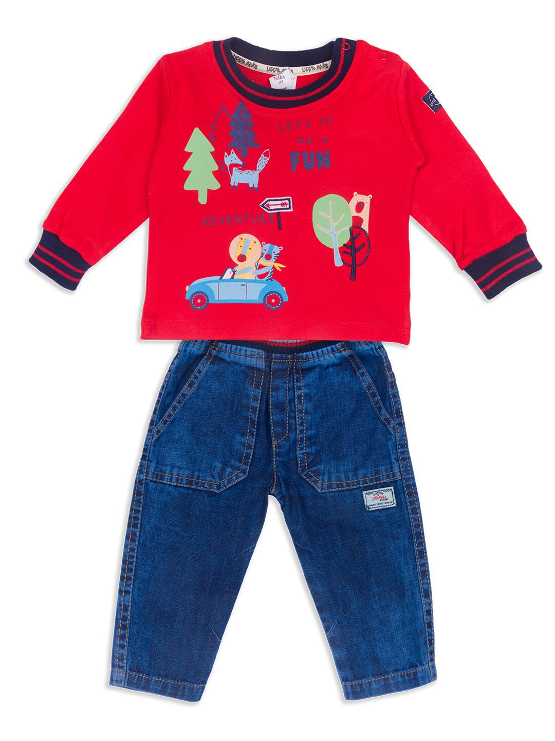 

Little Folks Unisex Kids Red & Navy Blue Printed T-shirt with Trousers