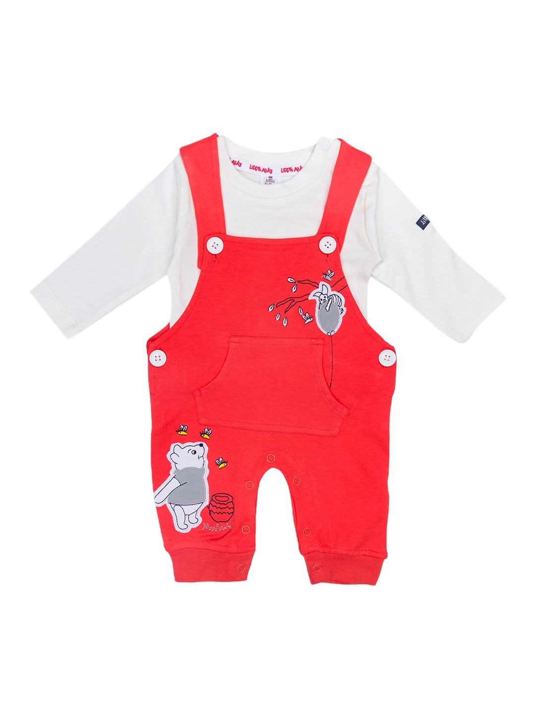 

Little Folks Infant Kids Red & White Graphic Printed Cotton Dungarees With T-Shirt