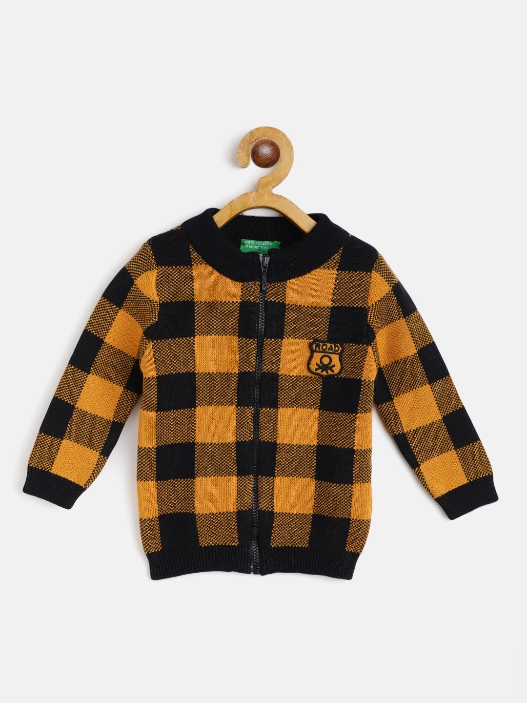 

United Colors of Benetton Boys Mustard Yellow & Black Pure Cotton Checked Cardigan
