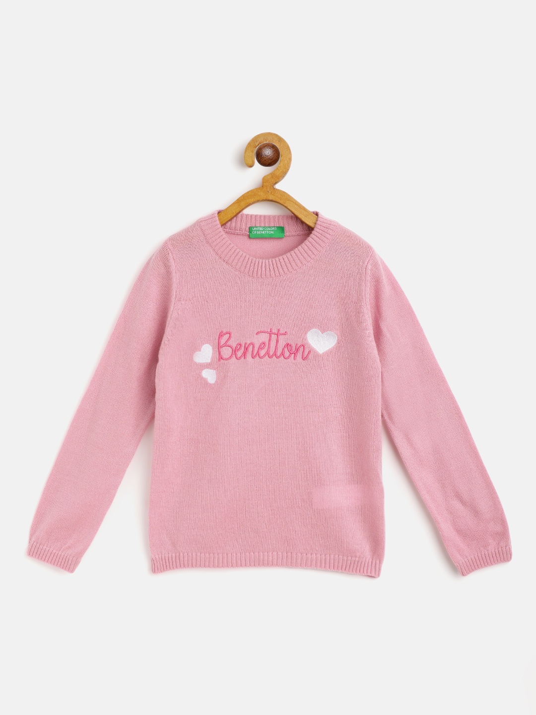 

United Colors of Benetton Girls Pink Brand Logo Embroidered Pullover Sweater