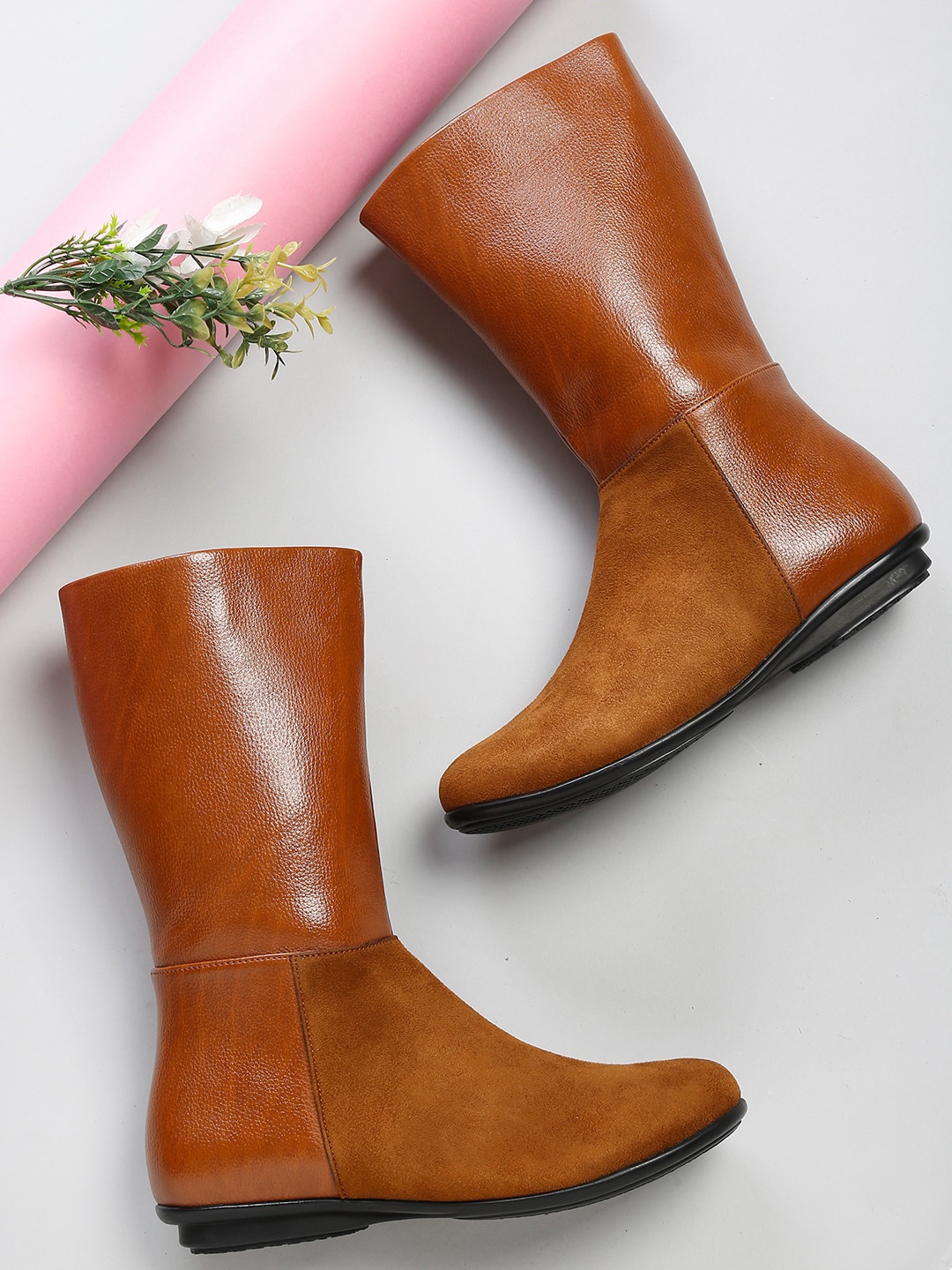 

Flat n Heels Women Tan Solid Suede Flat Boots