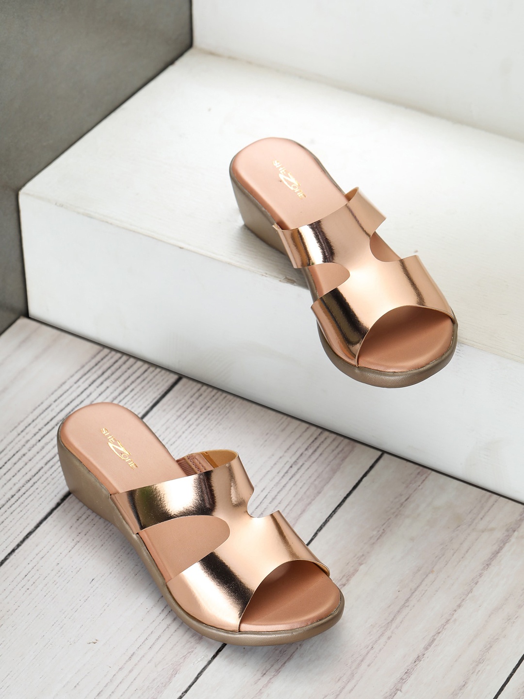 

Shezone Rose Gold Embellished Block Mules