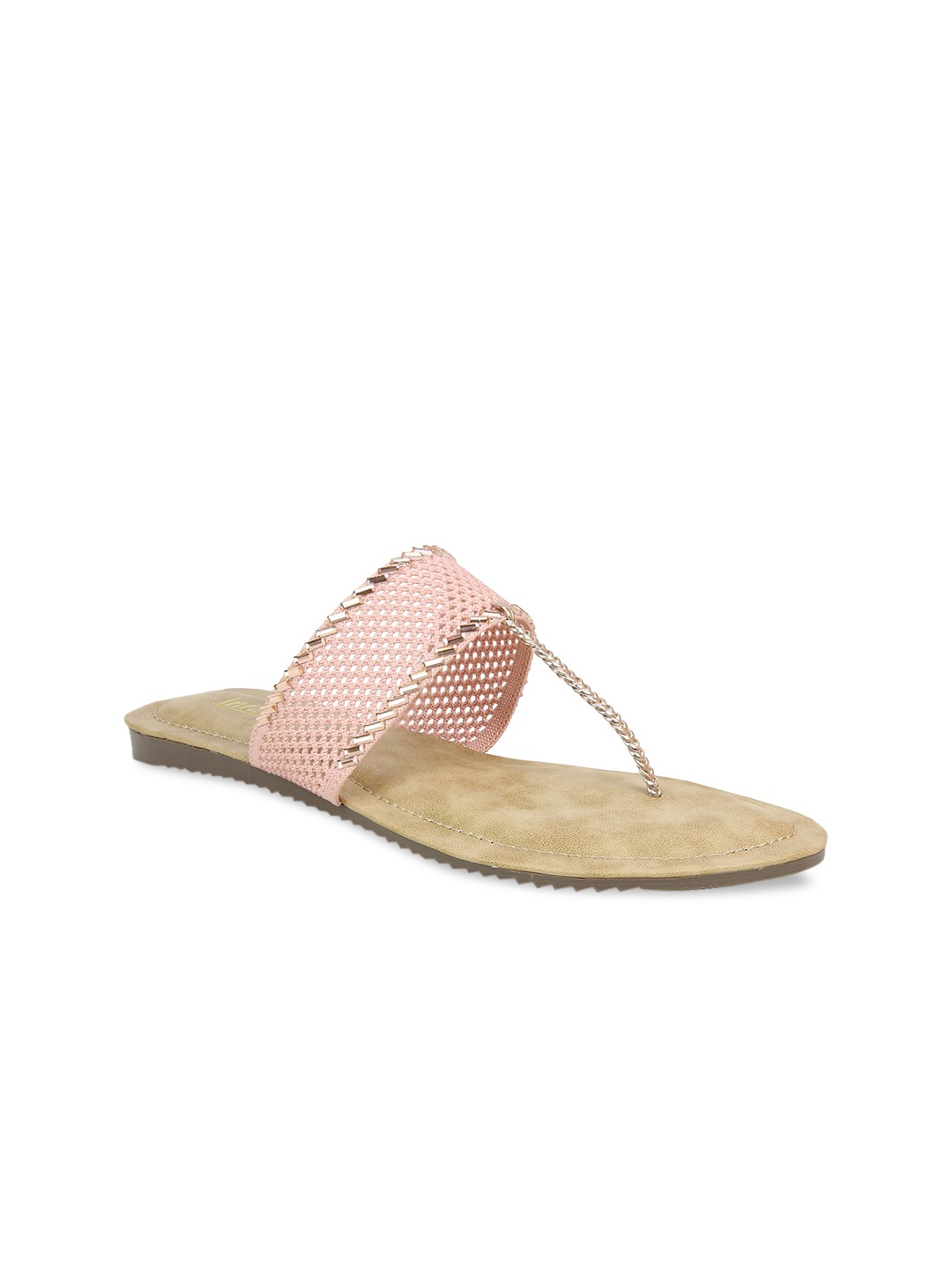 

Inc 5 Women Rose Gold Embellished Leather Ethnic T-Strap Flats