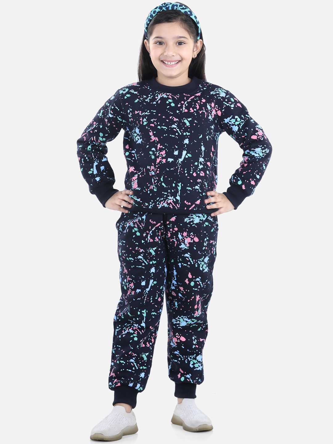 

StyleStone Girls Navy Blue & Pink Printed Cotton Tracksuit