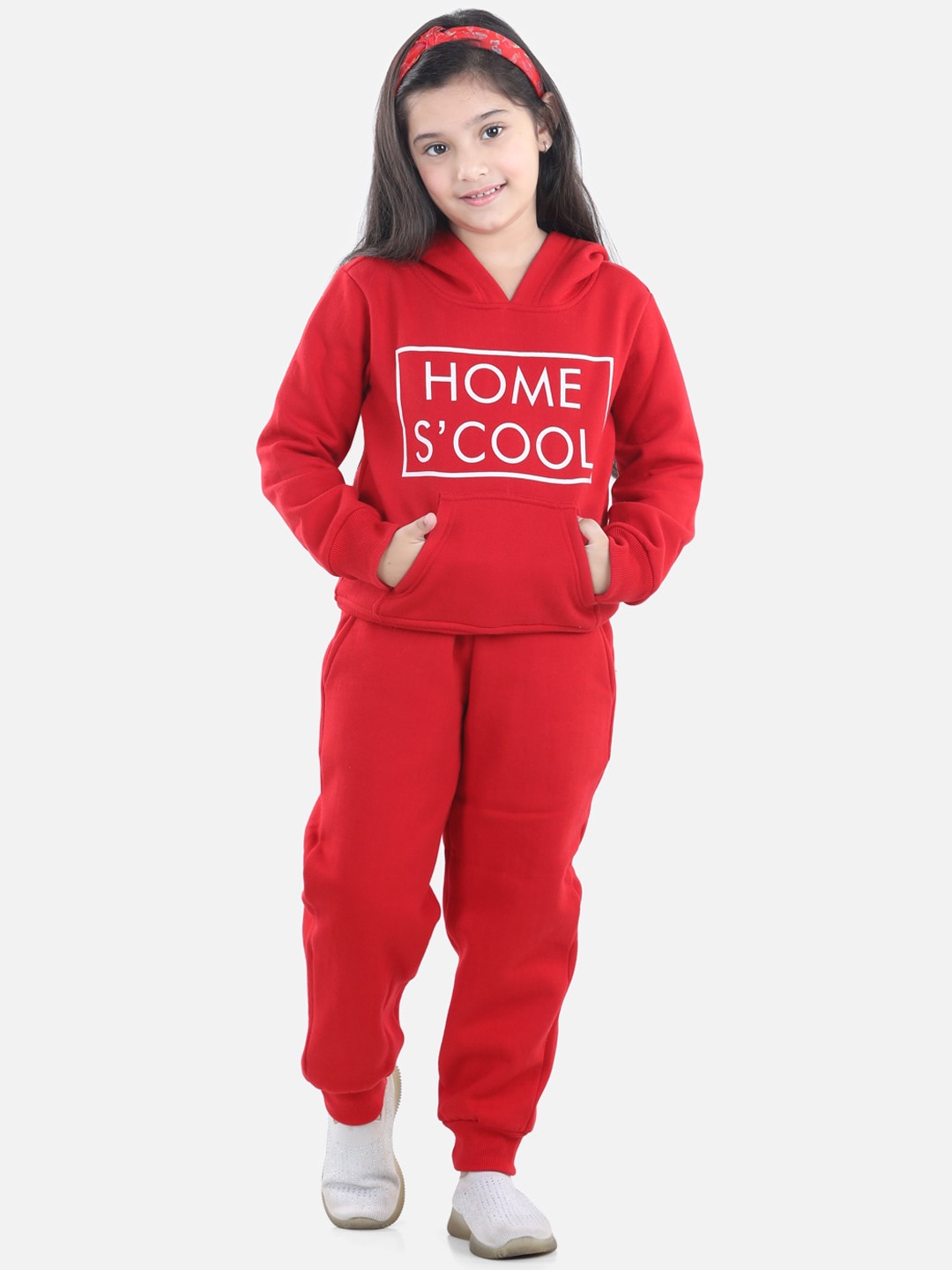 

StyleStone Girls Red & White Printed Cotton Hooded Tracksuit